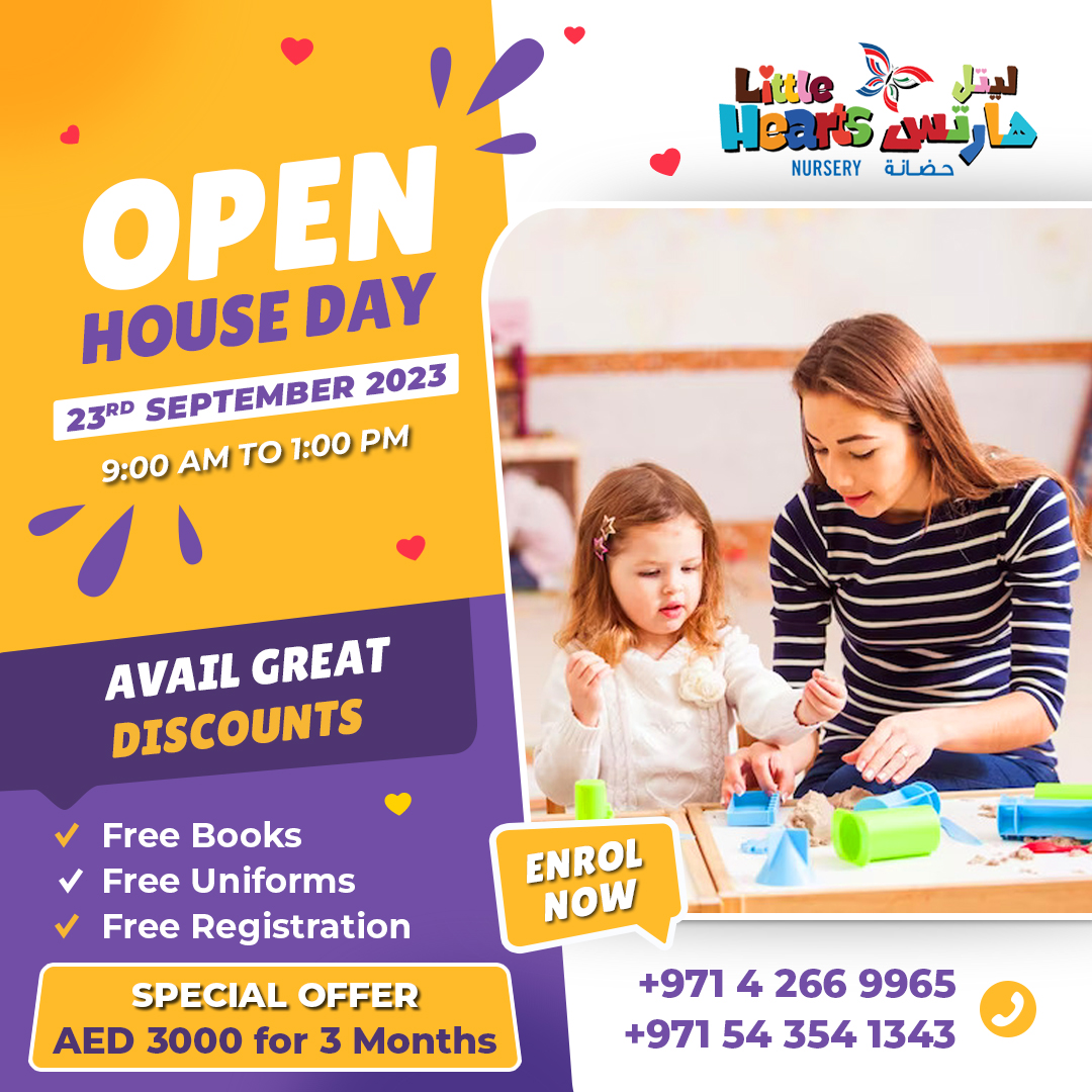 Open House Day!!
Avail great discounts and special offer of;
🤩AED 3000 FOR 3 months!!
Upon Registration, Avail;
📌Free Books
📌Free registration
📌Free Uniforms

#preschool #KHDA #eyfscurriculum #dubainursery #happykids #littlehearts #preschoolactivities #preschoolclasses