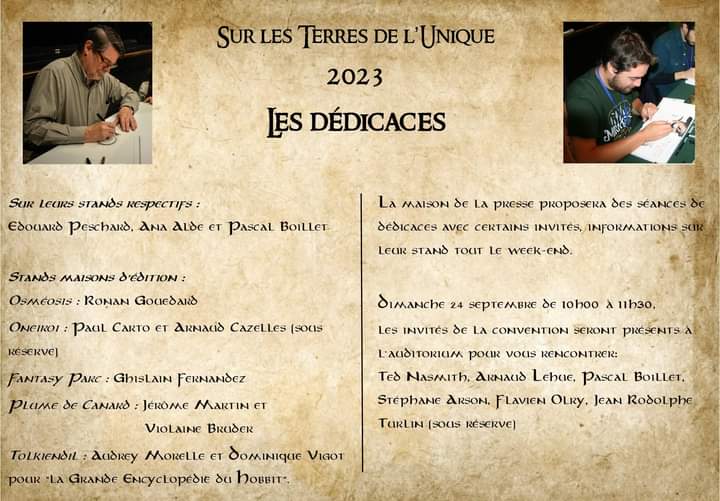 Sur les Terres de l'Unique c'est aussi des rencontres avec des auteurs et illustrateurs, vous pourrez donc échanger avec eux et faire dédicacer vos livres et autres supports. Voici la liste de ceux qui seront présents pour cette édition 2023 et où vous pourrez les trouver.