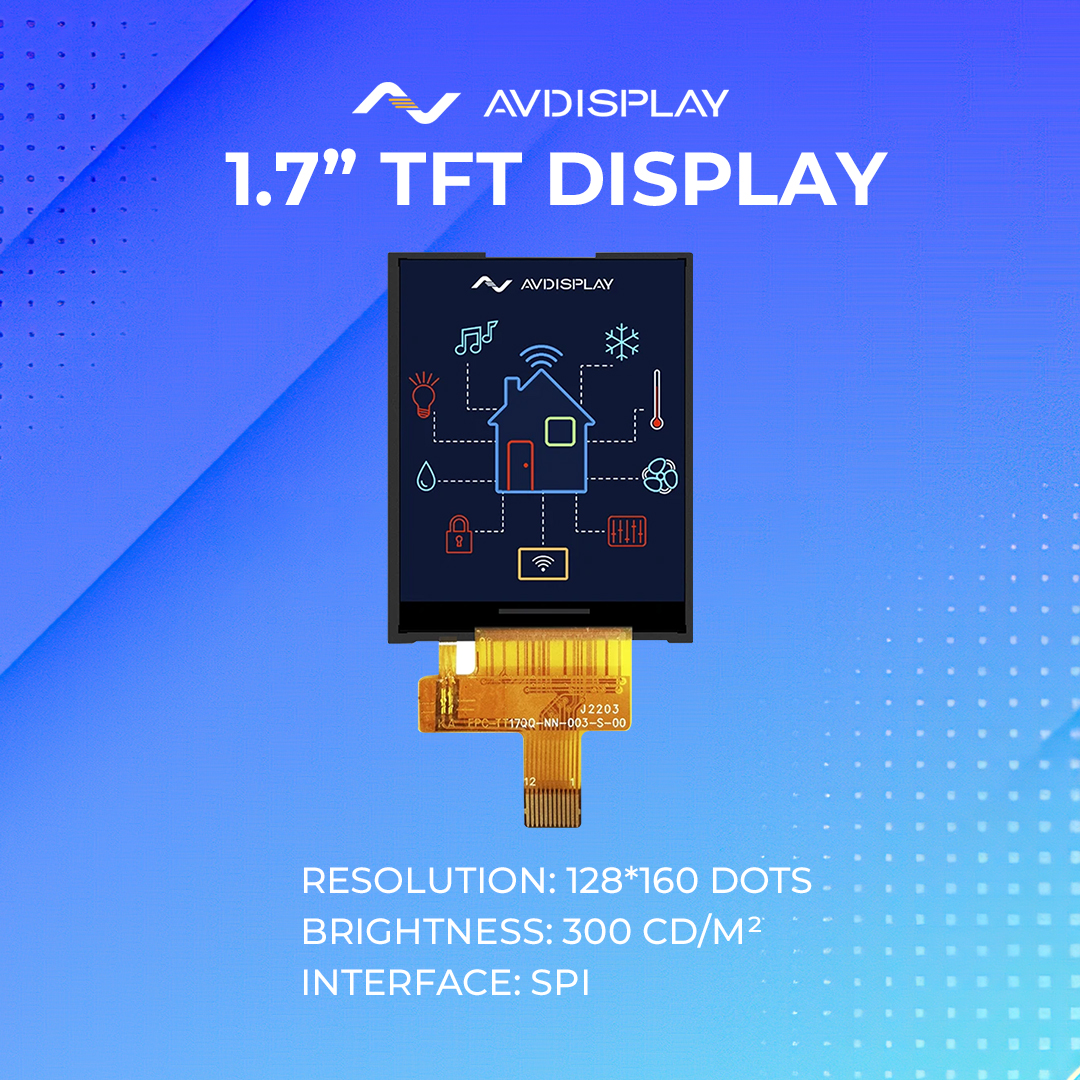 On the photo you will see our smallest 1.7” TFT, with a resolution of 128*160 dots, and the brightness is 300 cd/m². The display is used in small appliances, such as juicers, rice cookers, vacuum cleaners, microwave ovens, air friers, etc.