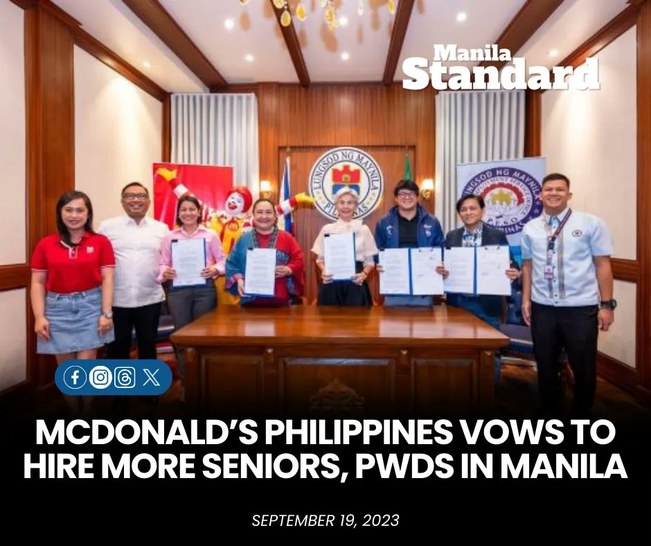 mnlstandardph's tweet photo. #McDonald’s Philippines said Tuesday it signed an agreement with #ManilaCity Mayor #HoneyLacuna to resume hiring eligible senior citizens and persons with disabilities #PWDs in the city this year.
READ MORE:
https://t.co/oAfgkVe7Cg https://t.co/IfWRfBugyx