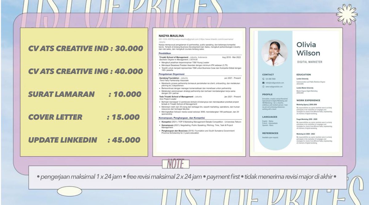 moidselle's tweet photo. @dearcrushjk Halo! aku @jokycvbysira open joki bikin cv ya! dijamin ga ngasal! untuk porto bisa cek cek porto yang udh pernah aku buat ya!

𝐩𝐨𝐫𝐭𝐨𝐟𝐨𝐥𝐢𝐨 : https://t.co/qAIv9eDWK7 

𝐰𝐡𝐚𝐭𝐬𝐚𝐩𝐩 : https://t.co/NEpYBmCz1X https://t.co/YM1zfFYKCB