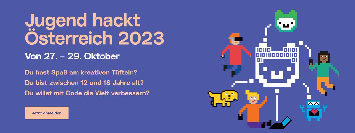 Jugend hackt AT (@jugendhacktat) on Twitter photo Jetzt anmelden für #Jugendhackt 2023,
27.-29. Oktober in <a href="/StadtLinz/">Stadt Linz</a> <a href="/OpenCommonsLinz/">Open Commons Linz</a>
opencommons.linz.at/jugend-hackt/ Jetzt anmelden für #Jugendhackt 2023,
27.-29. Oktober in <a href="/StadtLinz/">Stadt Linz</a> <a href="/OpenCommonsLinz/">Open Commons Linz</a>
opencommons.linz.at/jugend-hackt/