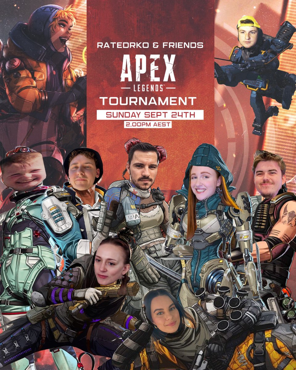We're back with another RatedRKO &amp; Friends Apex Tournament! 🏆 

📆 Sunday Sep 24 @ 2pm AEST
🎲 Random royale format
🇦🇺 Sydney servers
⭐ MVP voting system
🗣 Casted by <a href="/ItsCallius/">ItsCallius</a> 

Spots are limited - register to play in Discord! discord.gg/ratedrko