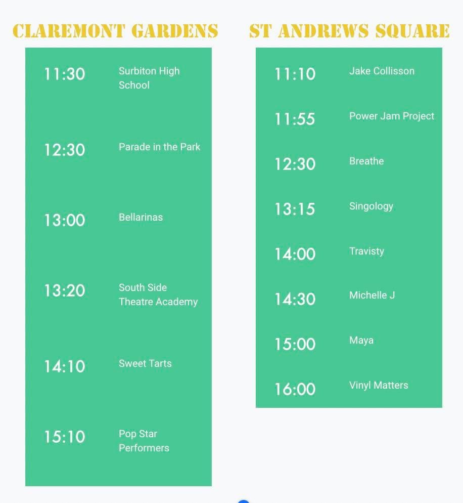 Here’s the lineup for the 🎶performances🎤 at this year’s festival in St. Andrew’s Sq and Claremont Gardens @SurbitonHigh @SouthSTheatre @SingologyChoir @RBKingston @KingstonNubNews @em_daltonn @EdwardJDavey @WhatsOnSurrey