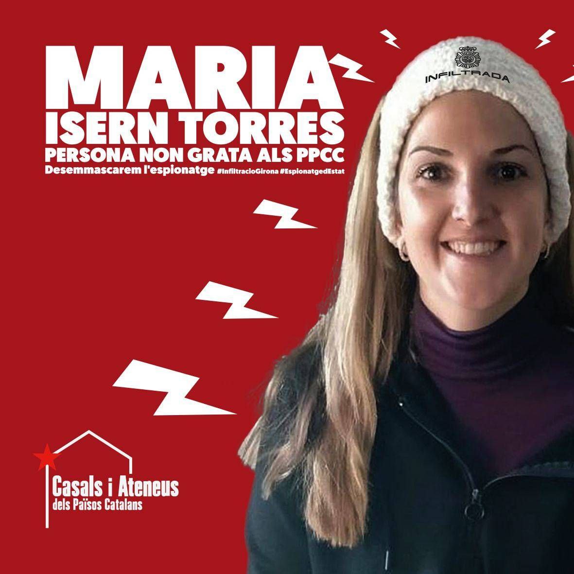 🔴Espionatge Policial🔴
 
Maria Isern Torres persona non grata als #PaïsosCatalans. Què tothom conegui la seva identitat, professió i manca d'escrúpols. 

✊Què la por canviï de bàndol.  

#EspionatgedEstat