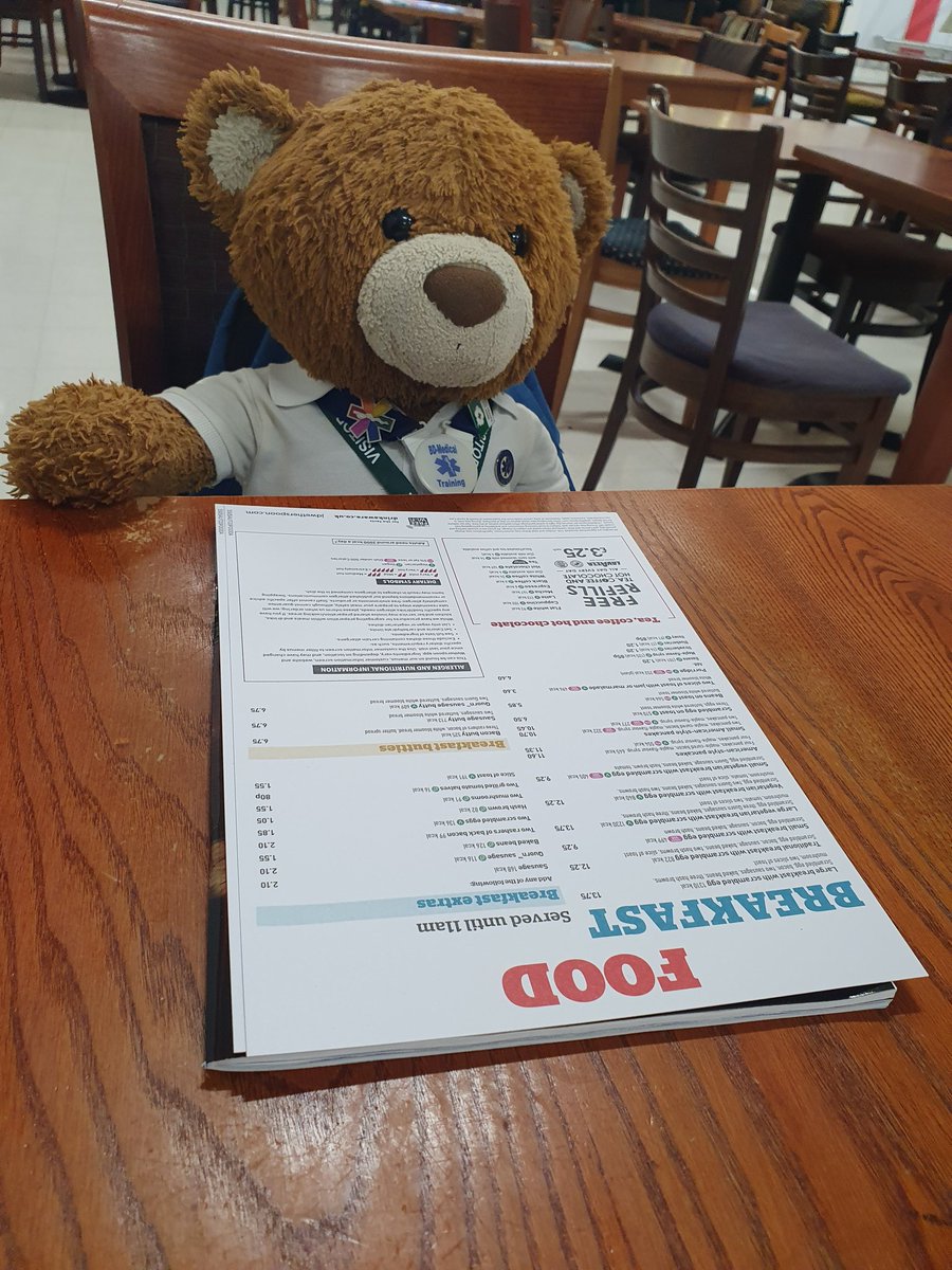 BDMed_Bear's tweet photo. I have arrived safely & am ready to order my breakfast! I need energy for my busy day so I think I'll have toast & jam with OJ! @emergencyukshow #bearswithjobs #ESS23 #foodisfuel https://t.co/9PB63F7gj2