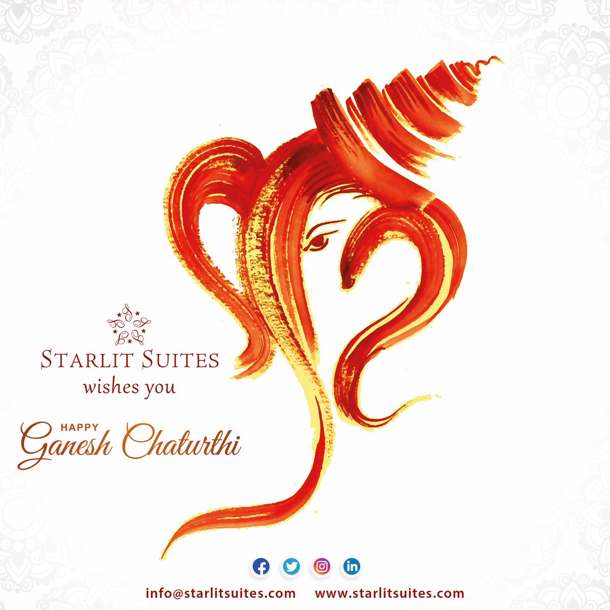 Wishing you and your family a happy and blessed #GaneshChaturthi from all of us at Starlit Suites!✨ #HappyGaneshChaturthi 🙏🌺 #starlitsuites #Bengaluru #kochi #Neemrana #Tirupati #shirdi #celebration #festival #servicedapartments #hospitality #hotel #Aparthotel