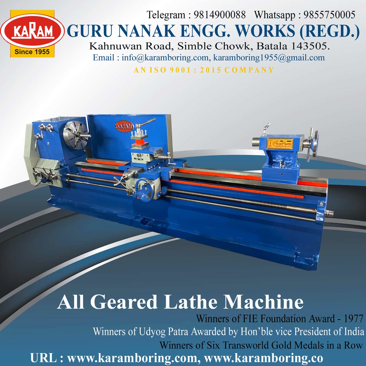 'KARAM' High Precision All Geared Lathe Machine.
For your queries/requirement, please contact :
WhatsApp : +91-9814900088, +91-9855750005
Email Id:- karam@karamboring.com
URL:- karamboring.com, karamboring.co
#allgeared #Lathemachine #lathe #karam #precision
