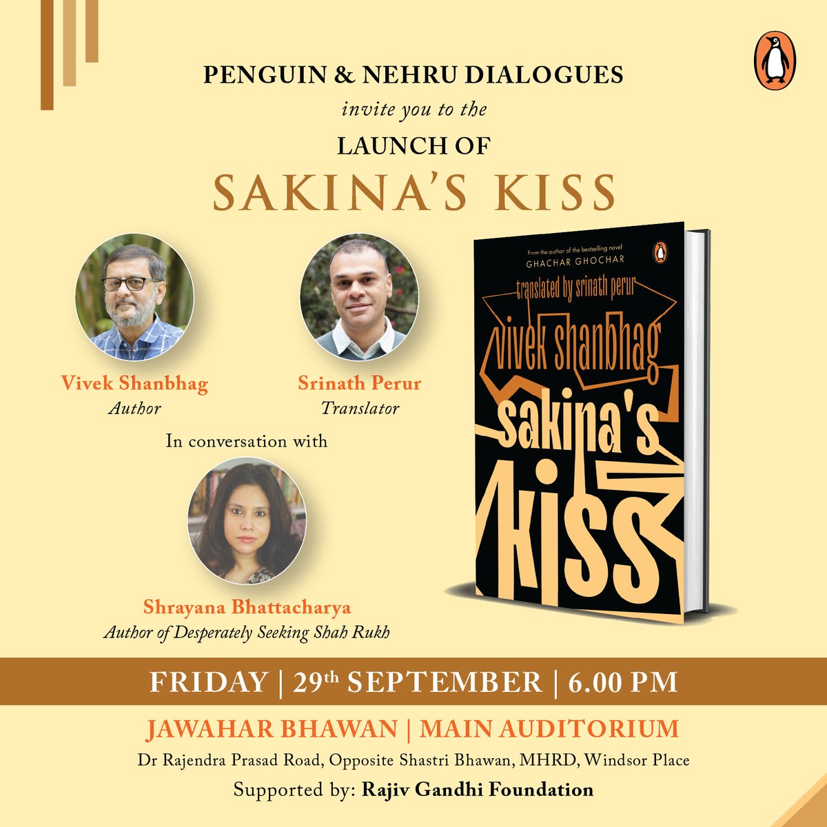hold your horses for THE event of the season! #SakinasKiss author @VivekShanbhag0 and translator @sperur will be in conversation with @BShrayana! Mark your calendars and scribble in your diaries 🗓️