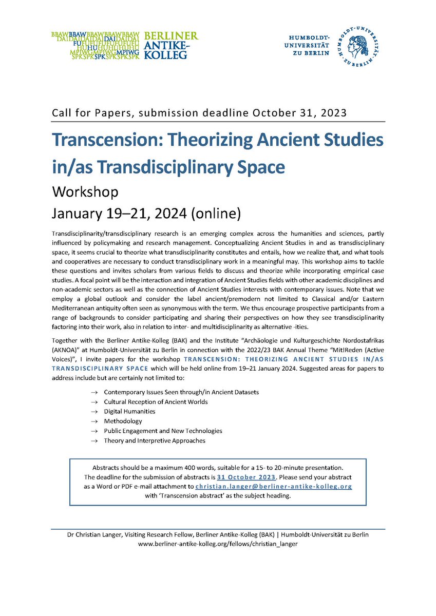 AntikeKolleg's tweet photo. +++ Call for papers +++
On behalf of your fellow @langer_chris, we are happy to annouce the CfP for "Transcension: Theorizing Ancient Studies in/as Transdisciplinary Space". The workshop should be held online from 19-21. January 24. 
https://t.co/0nH9tVb8LD https://t.co/hDhrGdmURc