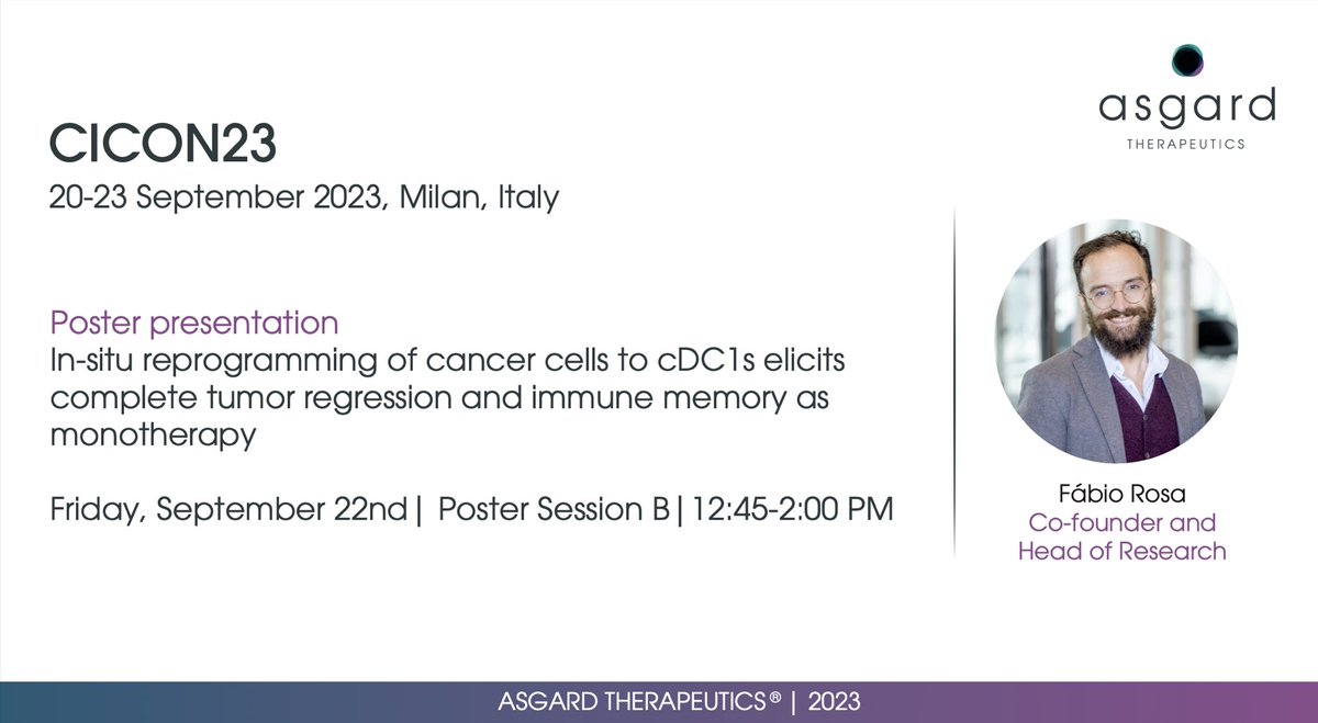Excited to be part of #CICON2023 in Milan, Italy, from Sep 20-23.  
Fabio Rosa will present a poster: 'In situ reprogramming of cancer cells to cDC1s elicits complete tumor regression and immune memory as monotherapy'
 
📌 Poster Session B  
🕐 12:45-2:00 PM 
📆 Fri, Sep 22