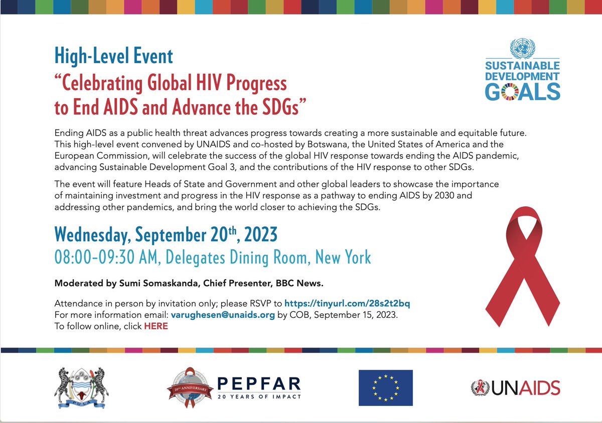 Join us for UNAIDS' High-Level Side Event on 20th September, co-hosted with the US Government, Botswana, and the European Commission. 
We will examine the global #HIVResponse and its relevance to the #SDGs. #UNGA78

⏰ 8 AM EDT

Livestream: youtube.com/watch?v=9JDCd-…