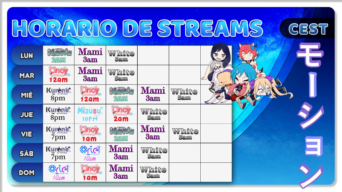 Nicolas_Manager's tweet photo. Horario de Streams del Lunes 18 al Domingo 24 de Septiembre! 🐾🪶🐍🎀💙
Zona horaria CEST 🇪🇸
#MoshonAcademy #Oriones #Koraki #Serpentinas #Pingus #Lonchecitos https://t.co/mMIHVWkmtx