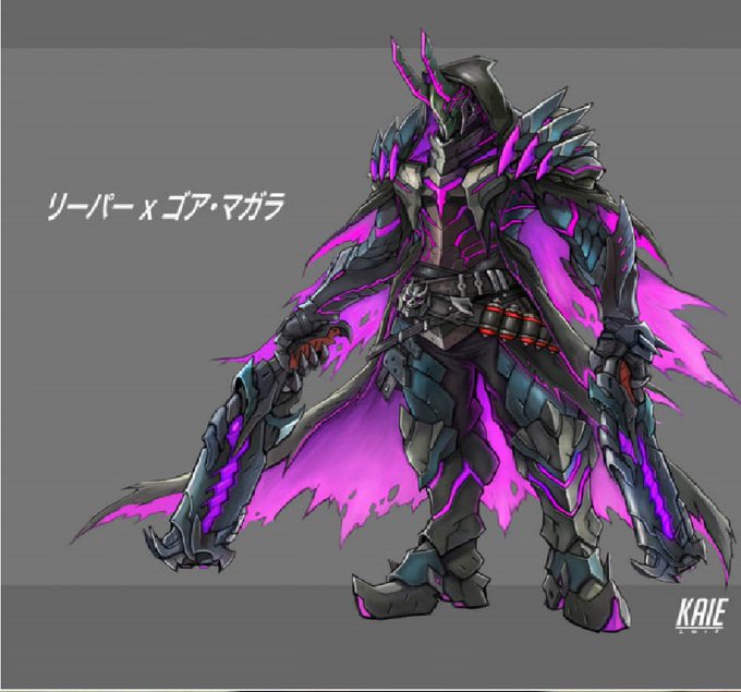 OWAnonymous_'s tweet image. Overwatch Monster hunter collab would be crazy, there’s this Gore Magala reaper concept that’s lived in my head for 6 years and now that collars are a thing I think it’s time to pull it out