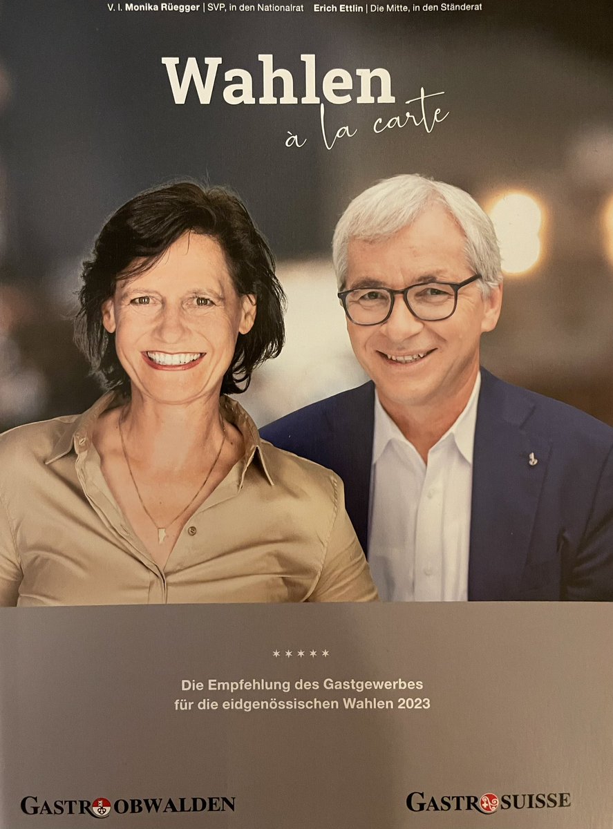 Monika Rüegger (@monika_rueegger) on Twitter photo <a href="/GastroSuisseCH/">GastroSuisse</a> und #gastro @obwalden empfehlen <a href="/e_ettlin/">Erich Ettlin</a> (still gewählt) und mich zur Wiederwahl - herzlichen Dank!
#WahlCH23 🇨🇭 <a href="/SVPch/">SVP Schweiz</a> <a href="/SVPObwalden/">SVP Obwalden</a> <a href="/GastroSuisseCH/">GastroSuisse</a> und #gastro @obwalden empfehlen <a href="/e_ettlin/">Erich Ettlin</a> (still gewählt) und mich zur Wiederwahl - herzlichen Dank!
#WahlCH23 🇨🇭 <a href="/SVPch/">SVP Schweiz</a> <a href="/SVPObwalden/">SVP Obwalden</a>