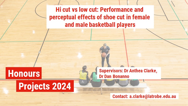 Dr <a href="/DrAntheaClarke/">Anthea Clarke</a> has Honours projects on offer for 2024 in her research areas of team sports and the female athlete. Get in touch ASAP with Anthea if you're interested.