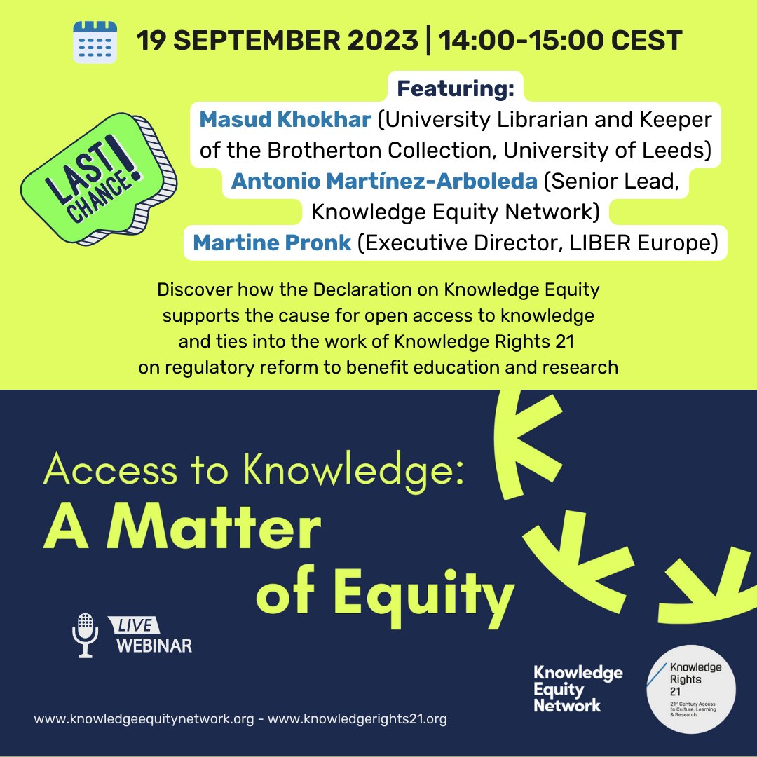 KR21org's tweet image. 🔔 Happening today 19 Sept (14-15h CEST): our #AccessToKnowledge webinar with @KnowledgeEN (KEN)

🎫 Register now to join us 👉 us06web.zoom.us/webinar/regist…

🎤 Speakers:
➡️ @mkhokhar (@UniversityLeeds)
➡️ Antonio Martínez-Arboleda (KEN)
➡️ @martine_pronk (@LIBEReurope)

#OpenResearch