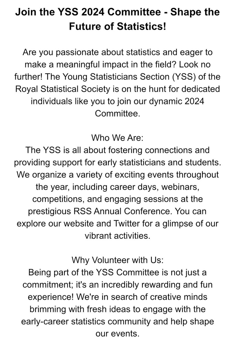 statsyss's tweet photo. 🚨2024 YSS Committee Applications are now open! 🚨

📝 Write a short (250 word) motivating statement.
💻 Email youngstatisticians@rss.org.uk with the subject line "YSS Committee 2024 Application" followed by your name. 
⏰ Apply by Sunday 7 October at 5pm. https://t.co/bRv4FIBeRd