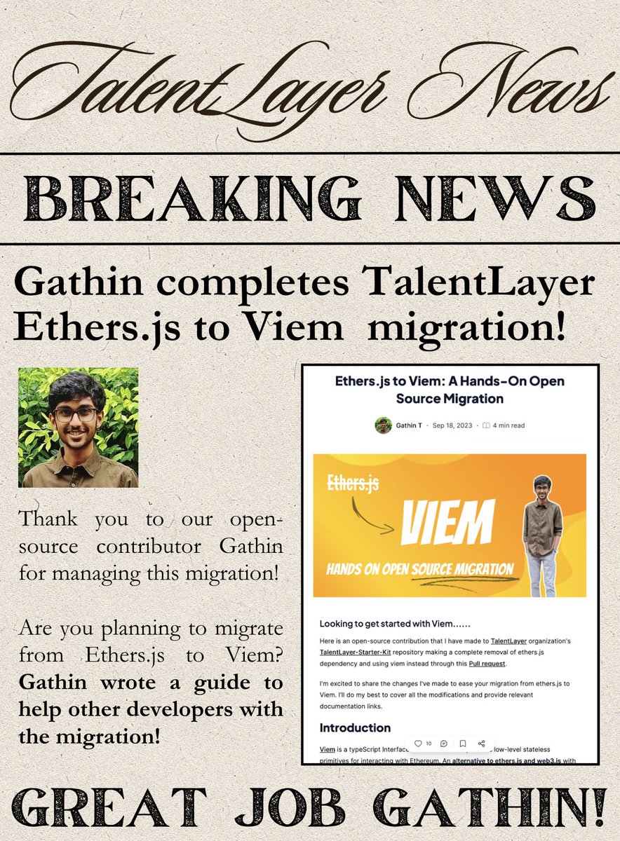 talentlayer's tweet image. gm and great work to @gathin_twt for getting TalentLayer StarterKit's frontend boilerplate updated from #ethersjs to #viem!