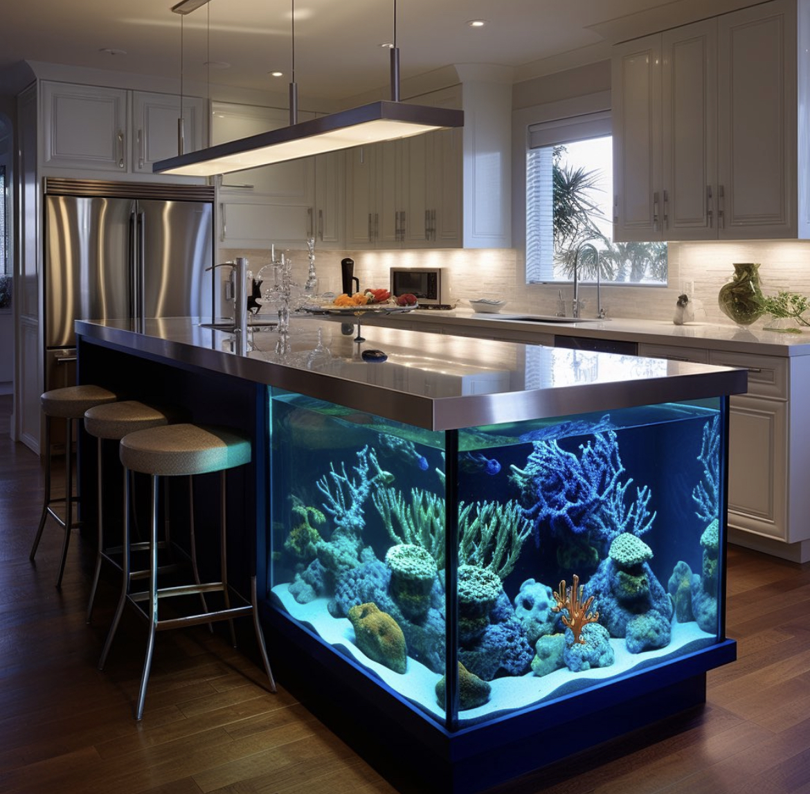 Kitchen island with an enclosed aquarium.