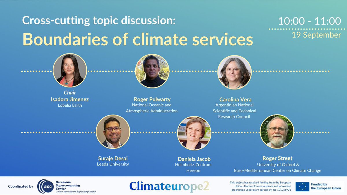 🚀 It's here! 2nd edition of @climateurope2 #Webstival is live!

🌦️ Session led by @isadorachristel on 'Boundaries of Climate Services.'

🎙️Panel with Roger Pulwarty, Carolina Vera, Suraje Dessai, Daniela Jacob, Roger Street.

Engaging discussions & inspiring insights await!