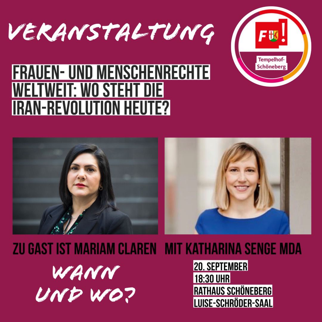 Morgen kommt <a href="/mariam_claren/">Mariam Claren #FreeNahid</a> zu uns nach Schöneberg. Wir sprechen über des Jahrestag der Ermordung von #JinaMahsaAmini, ein Jahr #IranRevolution &amp; die Geiseldiplomatie des Mullah-Regimes. Herzliche Einladung zum Teilen &amp; morgen gerne Vorbeischauen!