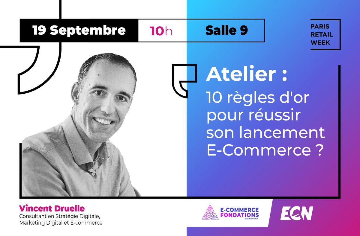 Rien de mieux pour débuter cette #ParisRetailWeek, que notre atelier 🤩

💡 10 règles d'or pour réussir son lancement #Ecommerce

⌚ 10h
📍Salle 9

🗣️ Avec Vincent Druelle, Consultant en Stratégie Digitale, Marketing Digital et E-commerce.

N'hésitez pas à nous voir à l'accueil !
