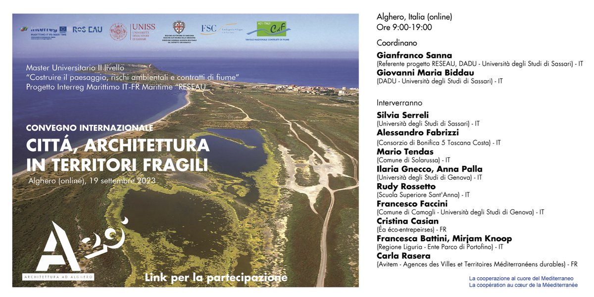 A conclusione del Master Universitario “Costruire il #paesaggio, rischi ambientali e contratti di fiume" si tiene oggi il convegno internazionale "Cittá, architettura in territori fragili", nell'ambito del progetto #ResEau.
Segui l'evento online su: bit.ly/3Pj1c0a