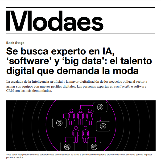 ¿Qué #talento digital demanda el lujo? 
Modaes entrevista a nuestro CEO, Julio Collado, sobre la situación de los perfiles #tecnológicos. 💼

¿Quieres conocer la demanda real de perfiles tecnológicos y qué papel juega la IA? Lee la entrevista aquí ➡️ bit.ly/3A8wxYV