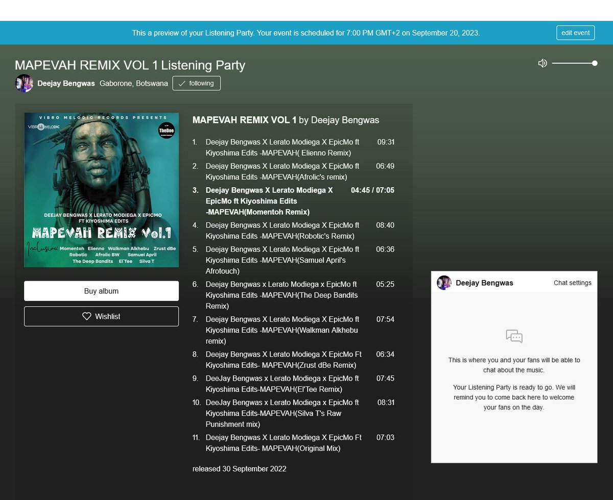 MAPEVAH gang,😎💯👌tomorrow 07:00 CAT We are having  DEEJAY BENGWAS, Lerato Modiega  &amp; EpicMo Feat. Kiyoshima Edits   - MAPEVAH  REMIX VOL 1 Listening Party..on Bandcamp Freeeee.... Make RVSP by following the link below Thank you... deejaybengwas.bandcamp.com/merch/mapevah-…