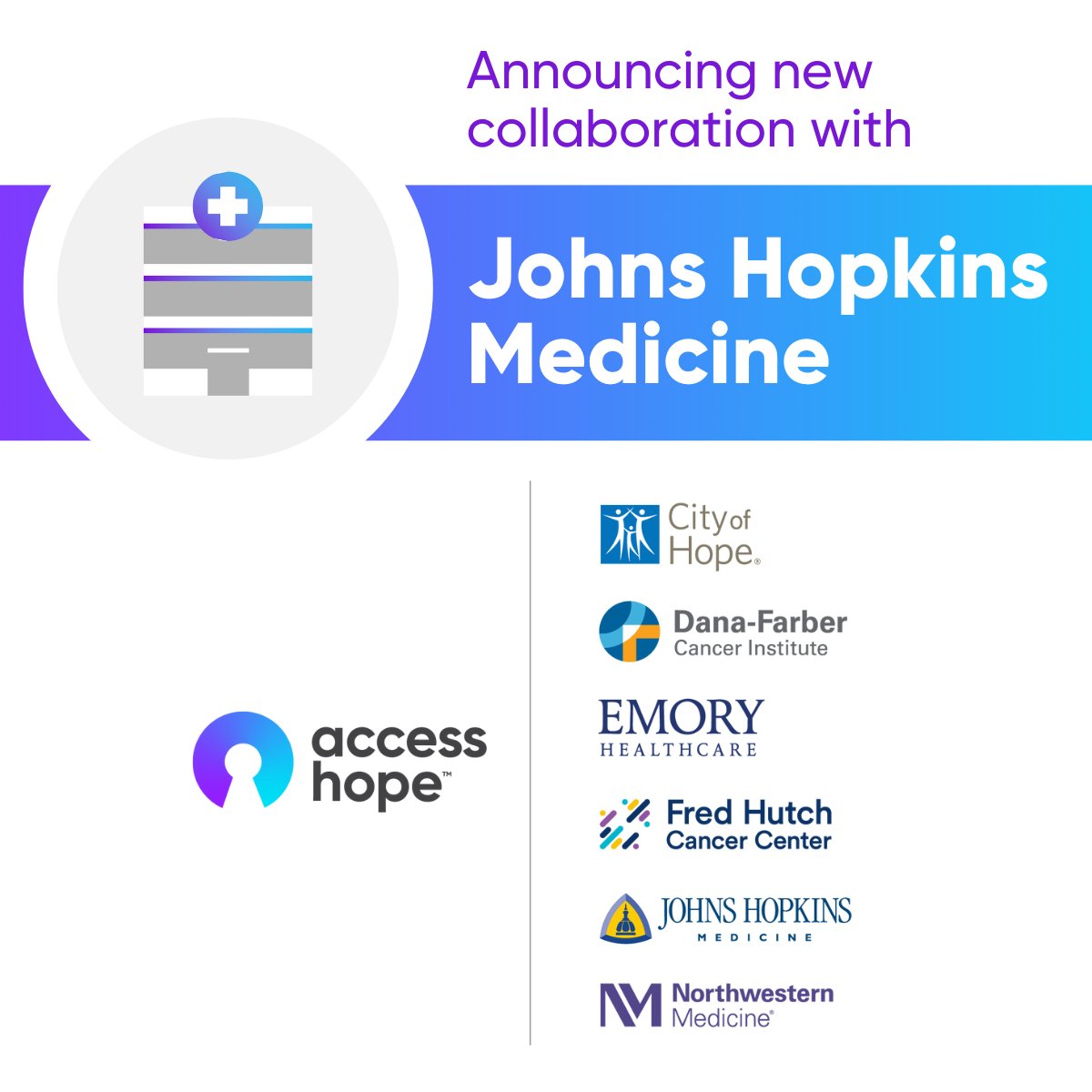 AccessHope (@myaccesshope) on Twitter photo We’re thrilled to announce the addition of <a href="/HopkinsMedicine/">Johns Hopkins Medicine</a> to our network of NCI-Designated Comprehensive Cancer Centers. This collaboration will increase access to insights on cancer expertise, treatment, and research for individuals across the US.
hubs.la/Q022CvQp0 We’re thrilled to announce the addition of <a href="/HopkinsMedicine/">Johns Hopkins Medicine</a> to our network of NCI-Designated Comprehensive Cancer Centers. This collaboration will increase access to insights on cancer expertise, treatment, and research for individuals across the US.
hubs.la/Q022CvQp0