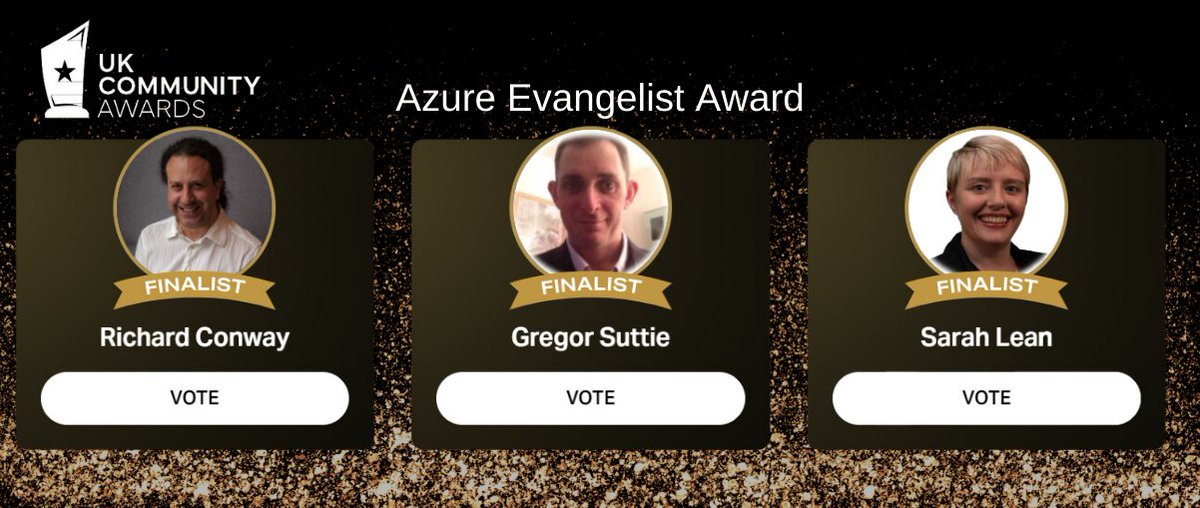 Announcing the finalists for the Azure Evangelist Award 🎉

⭐ Richard Conway
⭐@gregor_suttie
⭐@TechieLass

The decision is in your hands now, voting has begun:

👉 ukcommunityawards.co.uk

#AzureEvangelist #UkCommunityAwards