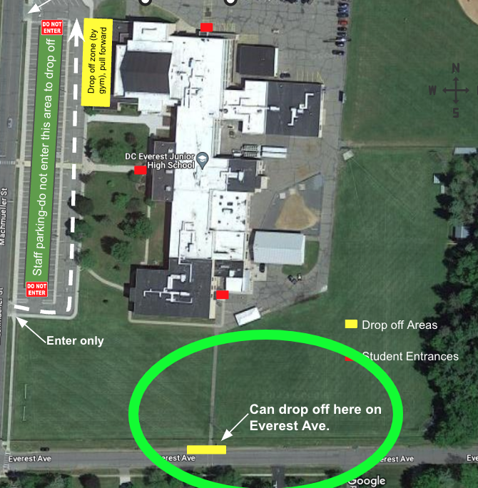 Want to avoid some of the congestion of morning drop off near the main entrance at the front of the building? Consider dropping your student off on Everest Ave. at the south side of the building.