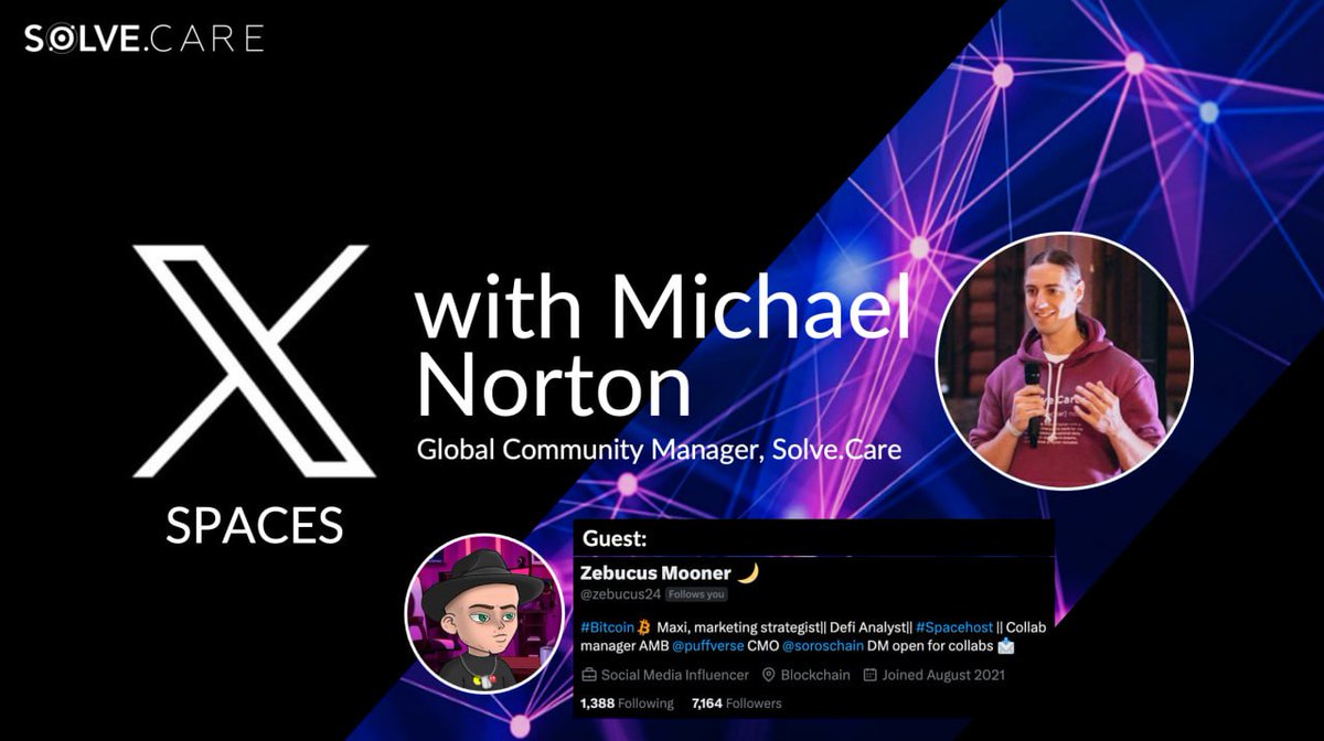 PEACEOKONDAN1's tweet photo. X Spaces Special Guest Zebucus!

#SolveCare Global Community Manager, Michael Norton, will be hosting Zebucus!

🗓️Tuesday, Sep 19th,
🕕4:00 pm UTC/12:00 pm EST
🏛️https://t.co/QIfecL0t9L

Make sure you Join this discussion as various topics will be covered

$SOLVE #healthcare https://t.co/LMIjX6Dxqe