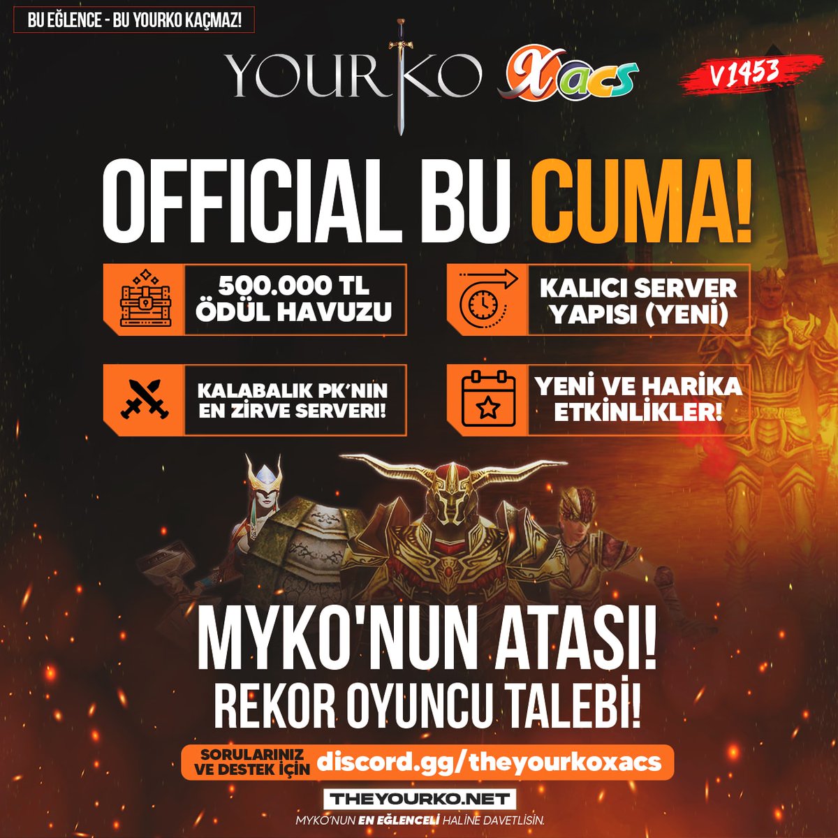 Beklenen gün için sayılı günler! Bu cuma Rekor Açılışa davetlisiniz! 
Eski günleri tekrardan yaşatmak için geliyoruz. 500.000 TL ödül havuzu ve Kalıcı server yapısıyla bambaşka bir Yourko'ya hazır olun!🥳

Tanıtım Konusu bit.ly/3QL5G1J
Discord: discord.gg/yourkoxacs