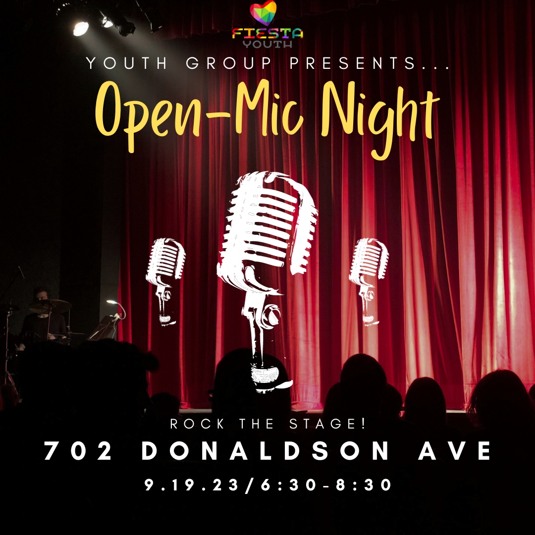 Join Fiesta Youth: Youth Group in-person for our Open-mic Night! Sing a song, read some poetry, show off your art; the stage is yours!⁠
⁠
#FiestaYouth #LGBTQYouth #OpenMic #QueerArt #PrideArt #QueerSA #WoodlawnPointe
