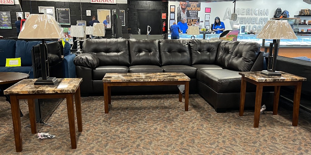 Score this #LivingRoomSet for only $1,298! This great deal comes with a brown chaise sectional, three versatile tables, and two lamps. Affordable luxury for your home sweet home.
#HomeDecor #FurnitureFinds #furnituresale
