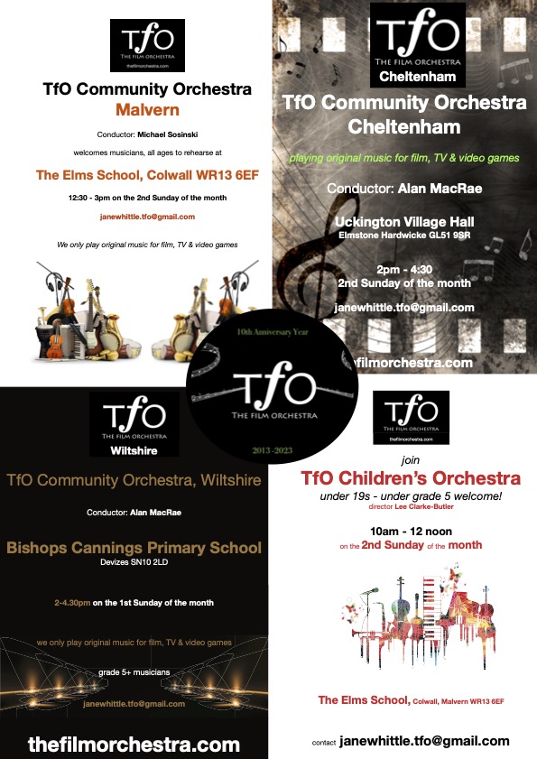 UK: Join us to play film music!  Monthly Sunday rehearsals.Great music &amp; great people. Improvers welcome.
TfO Children's Orchestra accepts beginners who want to give it a go!
£20/£15 to the end of 2023
Locations: #Malvern #Cheltenham #WILTSHIRE