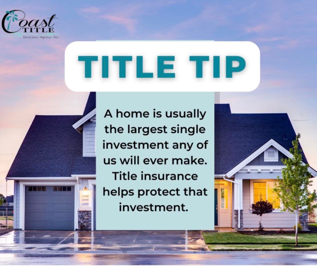 CoastTitle's tweet photo. It’s #TitleTipTuesday! A home is usually the largest single investment any of us will ever make. Title insurance helps protect that investment. Give us a call with any questions or interests today! 386-445-2100

#investment #insurance #titleinsurance #coasttitle
#flaglercounty https://t.co/g6PGKJqZJ3