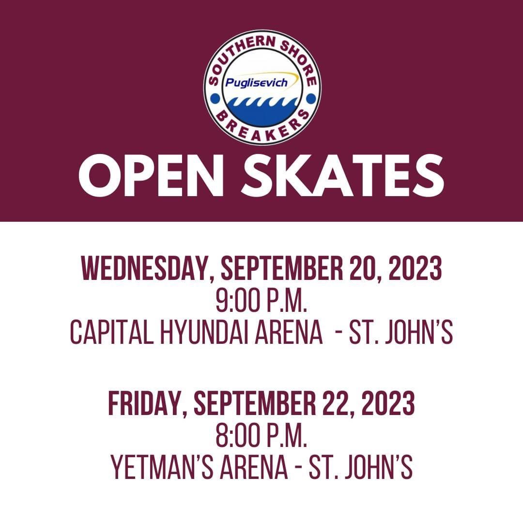 There will be TWO open skates for the <a href="/SrBreakers/">Southern Shore Breakers</a> this week.

All graduates of the <a href="/SSminorhockey/">Southern Shore Breakers (Minor)</a>, Goulds Minor and <a href="/JuniorBreakers/">Southern Shore Junior Breakers</a> programs are invited to attend.

Any free agents, not signed with other senior hockey teams are also invited to try out.

#GoBreakersGo