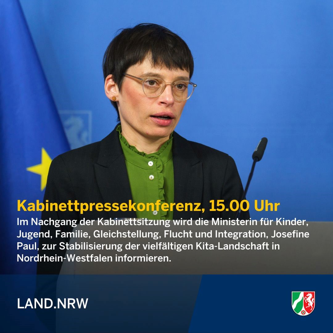 🎥Live ab 15.00 Uhr: Nach der heutigen Kabinettsitzung wird Kinder- und Familienministerin @JosefinePaul zur Stabilisierung der vielfältigen Kita-Landschaft in Nordrhein-Westfalen informieren. @ChancenNRW