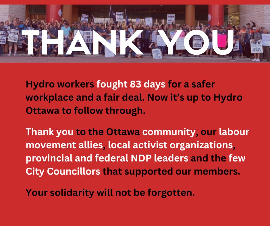 Last night @hydroottawa workers voted to accept an offer. It was hard fought and it was long, but our members are more united as a workforce than ever before. They are grateful for your #solidarity and look forward to getting back to work and powering Ottawa safely. #ottnews