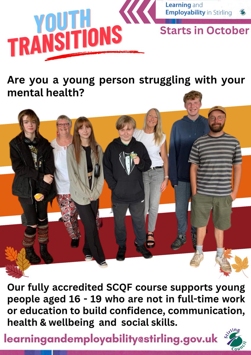 Are you a young person in Stirling looking to improve your #mentalhealth, gain valuable skills and experience to progress towards employment?

Last few places remaining!

Contact us for more!
#SkillsForSuccess #AdultLearning
@DunblaneHS  <a href="/StModansHS/">St Modan’s High School</a> @BannockburnHigh