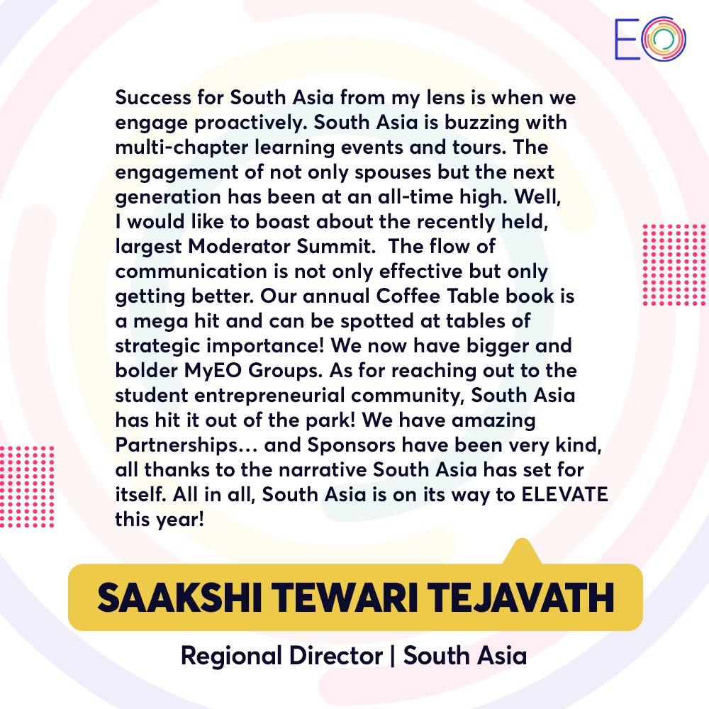 Meet Saakshi Tewari Tejavath, who is guiding EO South Asia towards remarkable achievements, vibrant engagement, and a future of entrepreneurial excellence! ✨🚀

#EO #EOSA #KnowledgeSharing #EntrepreneursOrganisation #InnovationJourney #EntrepreneurialSuccess #EOUnite