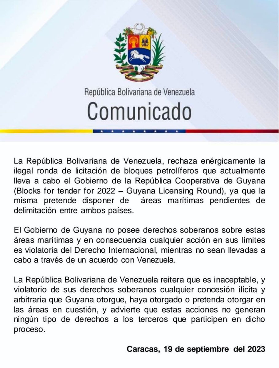 #Comunicado Venezuela rechaza enérgicamente la ilegal ronda de licitación de bloques petrolíferos que actualmente lleva a cabo el Gobierno de la República Cooperativa de Guyana en áreas marítimas pendientes de delimitación entre ambos países.
