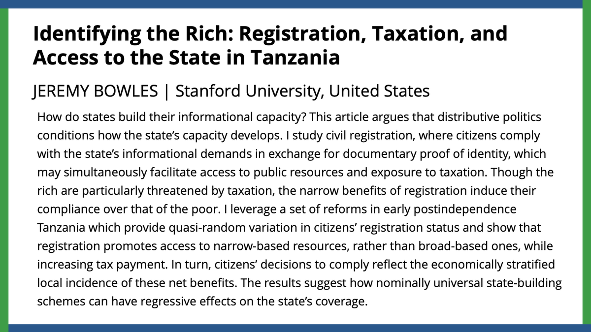 How do states build their informational capacity? @jeremy_bowles argues distributive politics condition the development of state capacity. He finds registration promotes access to narrow-based resources while increasing tax payment. #APSRFirstView ow.ly/8N2J50PLLTX