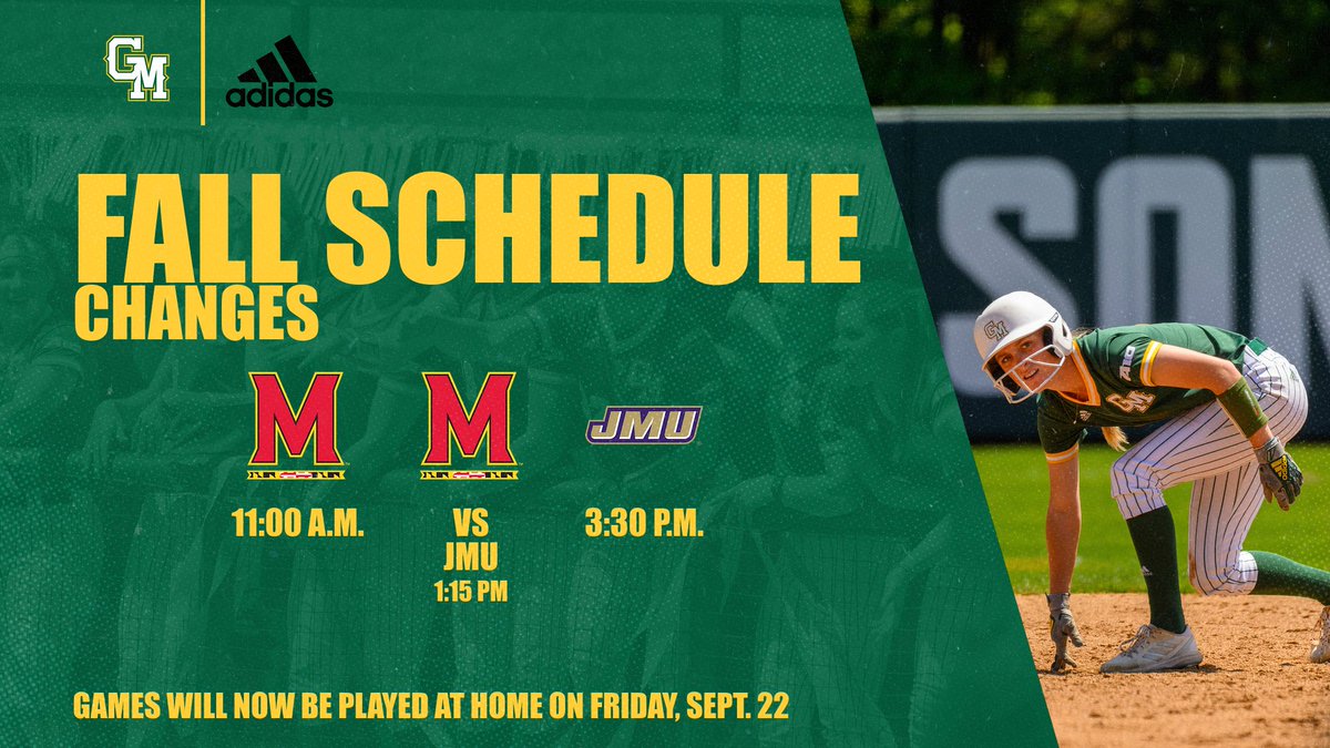 𝗔𝗧𝗧𝗘𝗡𝗧𝗜𝗢𝗡: 𝗪𝗲 𝗣𝗹𝗮𝘆 𝗮𝘁 𝗛𝗢𝗠𝗘 𝗧𝗵𝗶𝘀 𝗦𝗮𝘁𝘂𝗿𝗱𝗮𝘆 ‼️

We are now HOSTING a tripleheader this Saturday, Sept. 23! The schedule is the following:

🕚11:00 A.M.: Mason vs. Maryland
🕐1:15 P.M.: Maryland vs. JMU
🕞3:30 P.M.: Mason vs. JMU