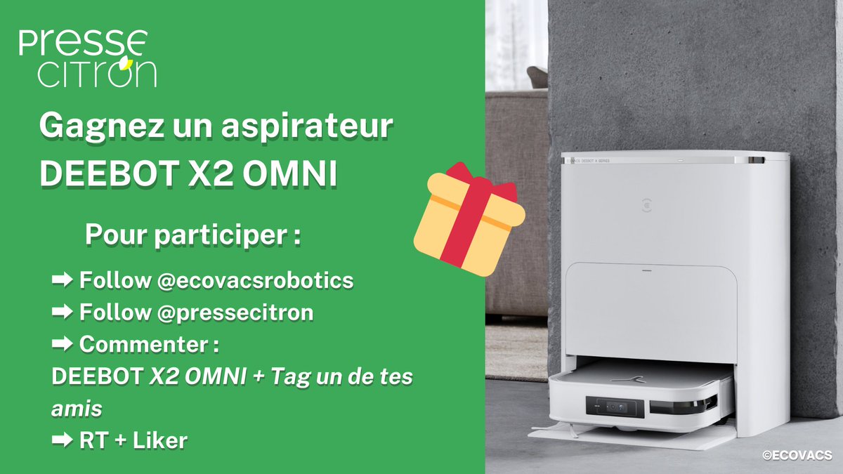 #CONCOURS
🎁Tentez de remporter l'aspirateur robot d'Ecovacs, le DEEBOT X2 OMNI 🎁
Pour participer :
✅Follow <a href="/pressecitron/">Presse-citron</a> &amp; <a href="/ecovacsrobotics/">ECOVACS ROBOTICS</a>
✅Commenter : DEEBOT X2 OMNI
✅Taguer un de ses amis
✅RT + Liker
TAS le 26/09 à 17h
amzn.to/3PFkpuh
Bonne chance🍀