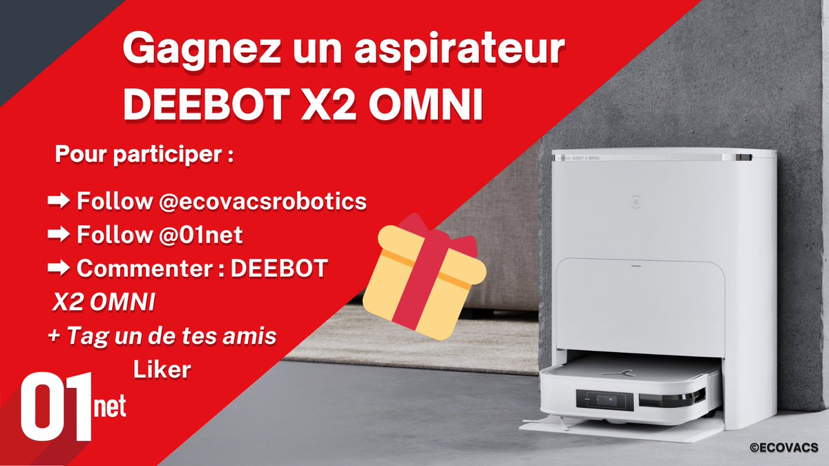 01net's tweet photo. #CONCOURS
🎁1 Aspirateur Ecovacs DEEBOT X2 OMNI est à remporter🎁
Pour participer :
✅Follow @01net  &amp; @ecovacsrobotics
✅Commenter : DEEBOT X2 OMNI
✅Taguer un de ses amis
✅RT + Liker
TAS le 26/09 à 17h
https://t.co/D1ipiMOt0j
Bonne chance à tous ! https://t.co/35aUHE8D4H