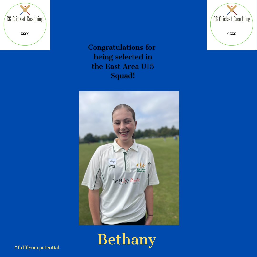 A huge well done to Bethany for being selected in the U15 East Area squad. Everyone at CG Cricket Coaching is proud of you! @HytheCSC @ThisGirlCanUK @HerGameToo @cricketforgirls